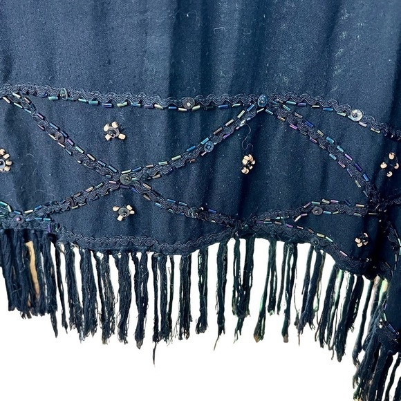 Meetu Magic Boho Kimono Black Beaded Fringe Tassel Hem Arm Holes Cover Up 1XL - Picture 7 of 11